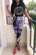 Black Casual Figure Print Hot Drill O Neck Short Sleeve Two Pieces