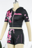 Red Casual Street Print Patchwork Zipper Hooded Collar Short Sleeve Two Pieces