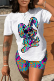 White Casual Street Print Patchwork O Neck Short Sleeve Two Pieces