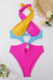 Rose Red Sexy Patchwork Bandage Patchwork Backless Contrast Swimwears (With Paddings)
