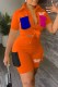 Orange Street Print Patchwork Letter Turndown Collar Short Sleeve Two Pieces
