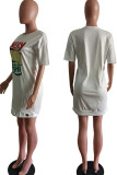 White Casual Print Hollowed Out Patchwork O Neck Straight Dresses