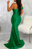 Ink Green Sexy Elegant Solid Patchwork Slit Asymmetrical Off the Shoulder Evening Dress Dresses