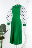 Green Casual Dot Print Hollowed Out Patchwork O Neck Pleated Dresses