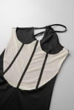 Black Sexy Patchwork Backless Oblique Collar Sleeveless Dress Dresses