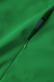 Green Casual Dot Print Hollowed Out Patchwork O Neck Pleated Dresses