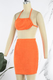 Orange Sexy Solid Bandage Backless Halter Sleeveless Two Pieces
