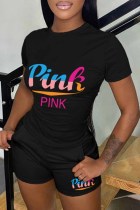 Black Casual Print Letter O Neck Short Sleeve Two Pieces