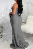 Grey Sexy Elegant Solid Patchwork Slit Asymmetrical Off the Shoulder Evening Dress Dresses