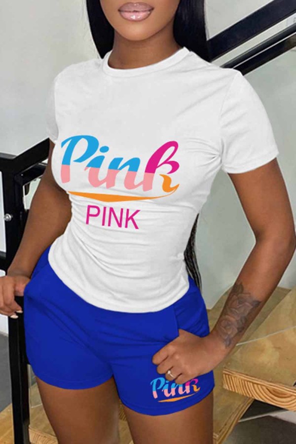 White Blue Casual Print Letter O Neck Short Sleeve Two Pieces
