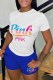 White Blue Casual Print Letter O Neck Short Sleeve Two Pieces