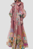 Pink Elegant Print Patchwork Flounce Half A Turtleneck A Line Dresses