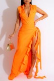 Orange Casual Solid Patchwork Slit V Neck Sleeveless Two Pieces