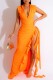 Orange Casual Solid Patchwork Slit V Neck Sleeveless Two Pieces