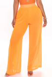 Apricot Sexy Solid See-through Loose Mid Waist Wide Leg Solid Color Bottoms