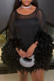 Black Sexy Solid Patchwork See-through Feathers Asymmetrical O Neck Irregular Dress Dresses