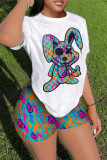 White Casual Street Print Patchwork O Neck Short Sleeve Two Pieces