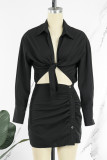 Light Blue Casual Solid Patchwork Turndown Collar Shirt Dress Dresses