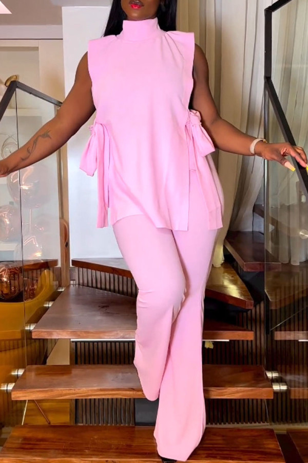 Pink Elegant Solid Bandage Hollowed Out Sleeveless Two Pieces