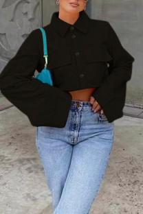 Black Casual Solid Patchwork Shirt Collar Tops