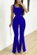 Blue Casual Solid Vests Pants U Neck Sleeveless Two Pieces