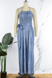 Blue Sexy Casual Solid Backless Halter Regular Jumpsuits