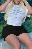 White Casual Vintage Print Patchwork Letter O Neck T-Shirts