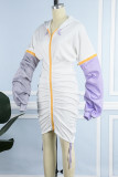 Grey Casual Patchwork Fold Contrast Zipper Hooded Collar Long Sleeve Dresses