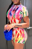 Pink Sexy Print Patchwork O Neck Short Sleeve Two Pieces