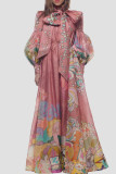 Pink Elegant Print Patchwork Flounce Half A Turtleneck A Line Dresses