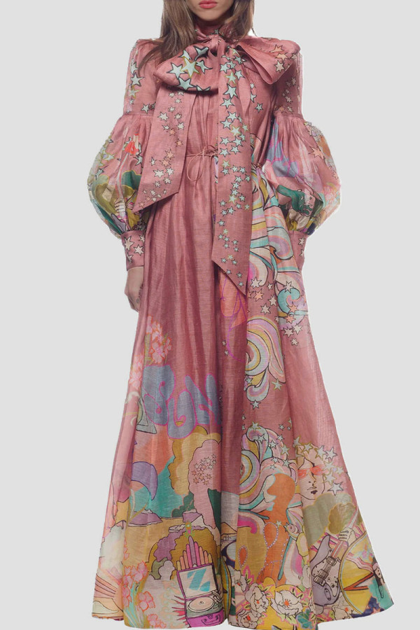 Pink Elegant Print Patchwork Flounce Half A Turtleneck A Line Dresses