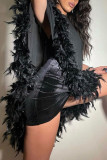 Black Sexy Solid Patchwork See-through Feathers Asymmetrical O Neck Irregular Dress Dresses