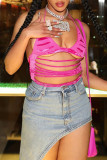 Rose Red Sexy Solid Hollowed Out Patchwork Halter Tops