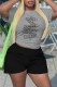 Grey Casual Print Letter O Neck Short Sleeve Two Pieces