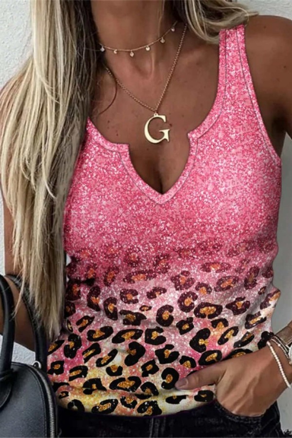 Pale Red Casual Print Basic V Neck Tops