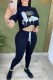 Black Casual Print Letter O Neck Short Sleeve Two Pieces