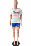 White Casual Print Letter O Neck Short Sleeve Two Pieces