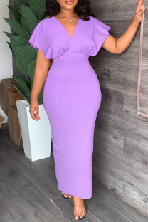 Purple Sexy Celebrities Solid Backless Slit Zipper V Neck A Line Dresses