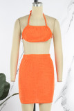 Orange Sexy Solid Bandage Backless Halter Sleeveless Two Pieces