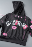 Red Casual Street Print Patchwork Zipper Hooded Collar Short Sleeve Two Pieces