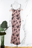Pink Sexy Casual Print Backless Off the Shoulder Sleeveless Two Pieces