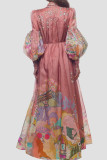 Pink Elegant Print Patchwork Flounce Half A Turtleneck A Line Dresses