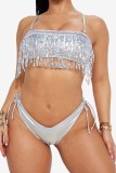 Silver Sexy Patchwork Tassel Sequins Backless Swimwears (Without Paddings)