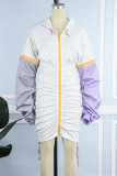 Grey Casual Patchwork Fold Contrast Zipper Hooded Collar Long Sleeve Dresses