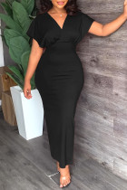 Black Sexy Celebrities Solid Backless Slit Zipper V Neck A Line Dresses