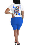 Peacock blue Fashion adult Ma'am Street Print Two Piece Suits pencil Short Sleeve Two Pieces