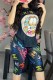 Black Casual Character Print Letter O Neck Short Sleeve Two Pieces