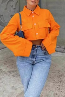 Orange Casual Solid Patchwork Shirt Collar Tops