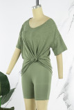 Olive Green Casual Patchwork Basic O Neck Short Sleeve Two Pieces