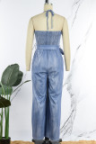 Blue Sexy Casual Solid Backless Halter Regular Jumpsuits